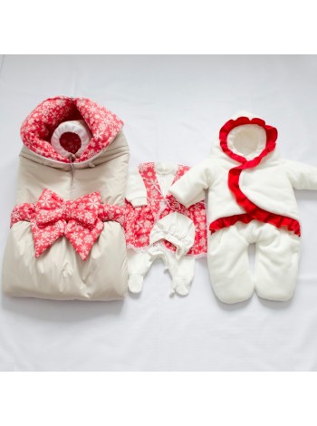 Комплект с комбинезоном Снежинки бежевый зимний