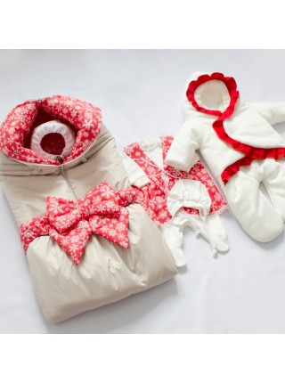 Комплект с комбинезоном Снежинки бежевый зимний