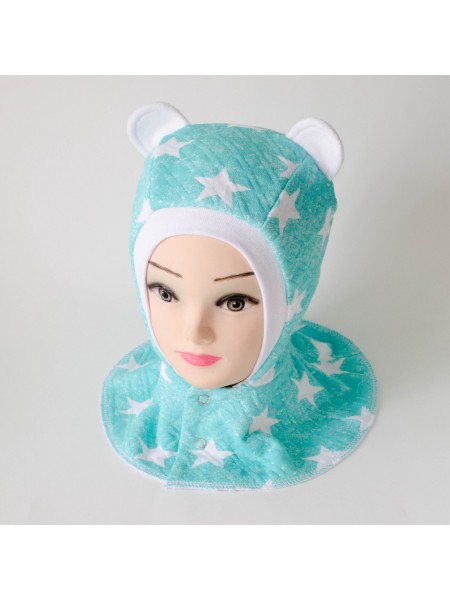 Шапка-шлем Ушки мятный со звездами/белый
