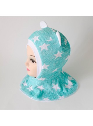 Шапка-шлем Ушки мятный со звездами/белый